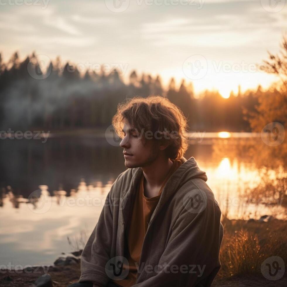 AI generated Young man meditating at sunset in nature photo