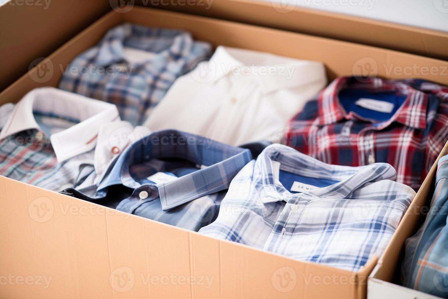 AI generated Clean, neatly folded checkered shirts placed in a cardboard box. A charity, donation or second-hand concept photo