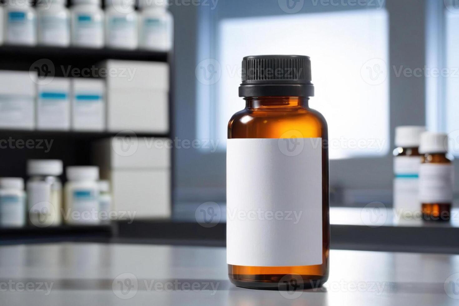 AI generated A close-up of an amber glass bottle with a blank label, medication on the pharmacy counter photo