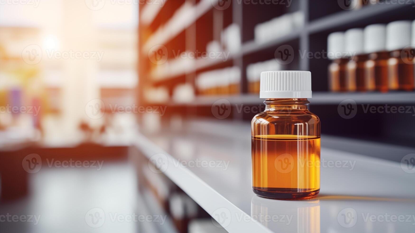 AI generated Close-up of an amber-colored glass bottle with medication, on the pharmacy counter, illustrating a pharmacological concept photo