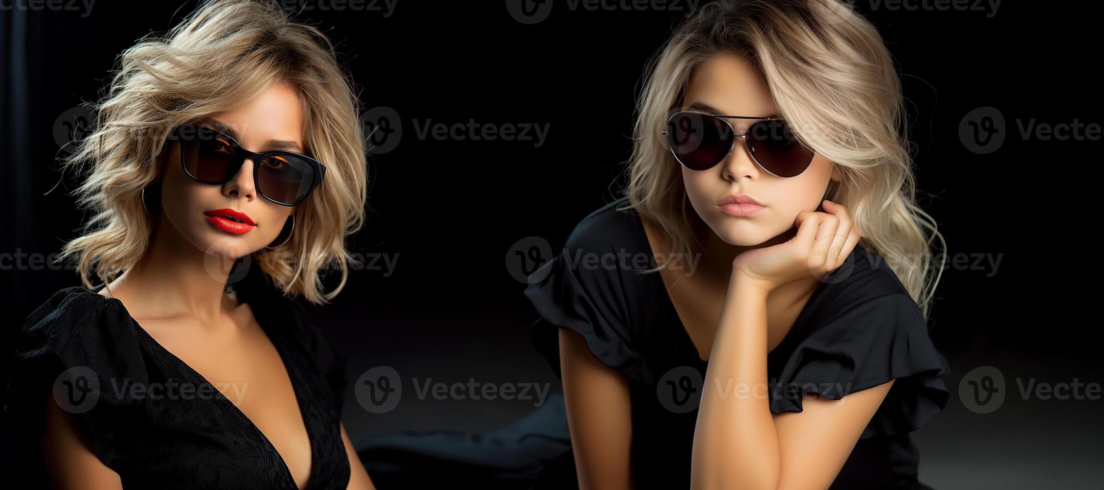 AI generated Beautiful sexy girl in sunglasses, black isolated background. photo