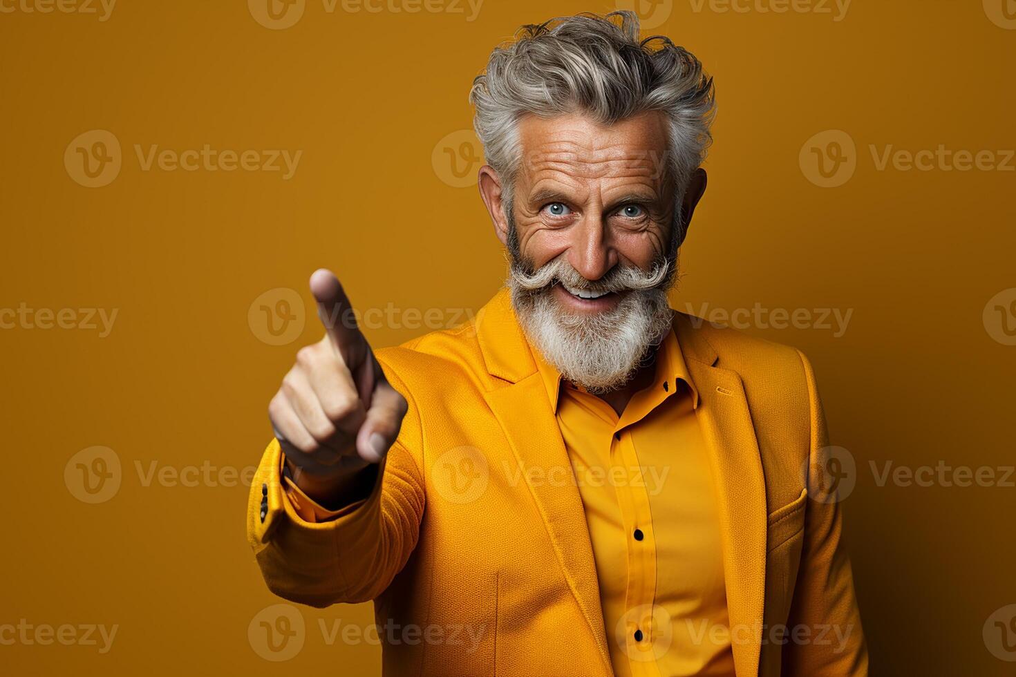 AI generated Senior man points with his hand and finger to the side and looks into the camera. Copy space. photo