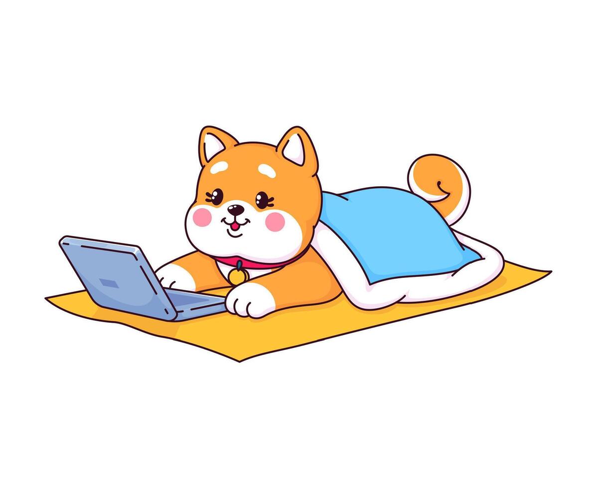 Cartoon Shiba Inu Japanese dog puppy with laptop vector
