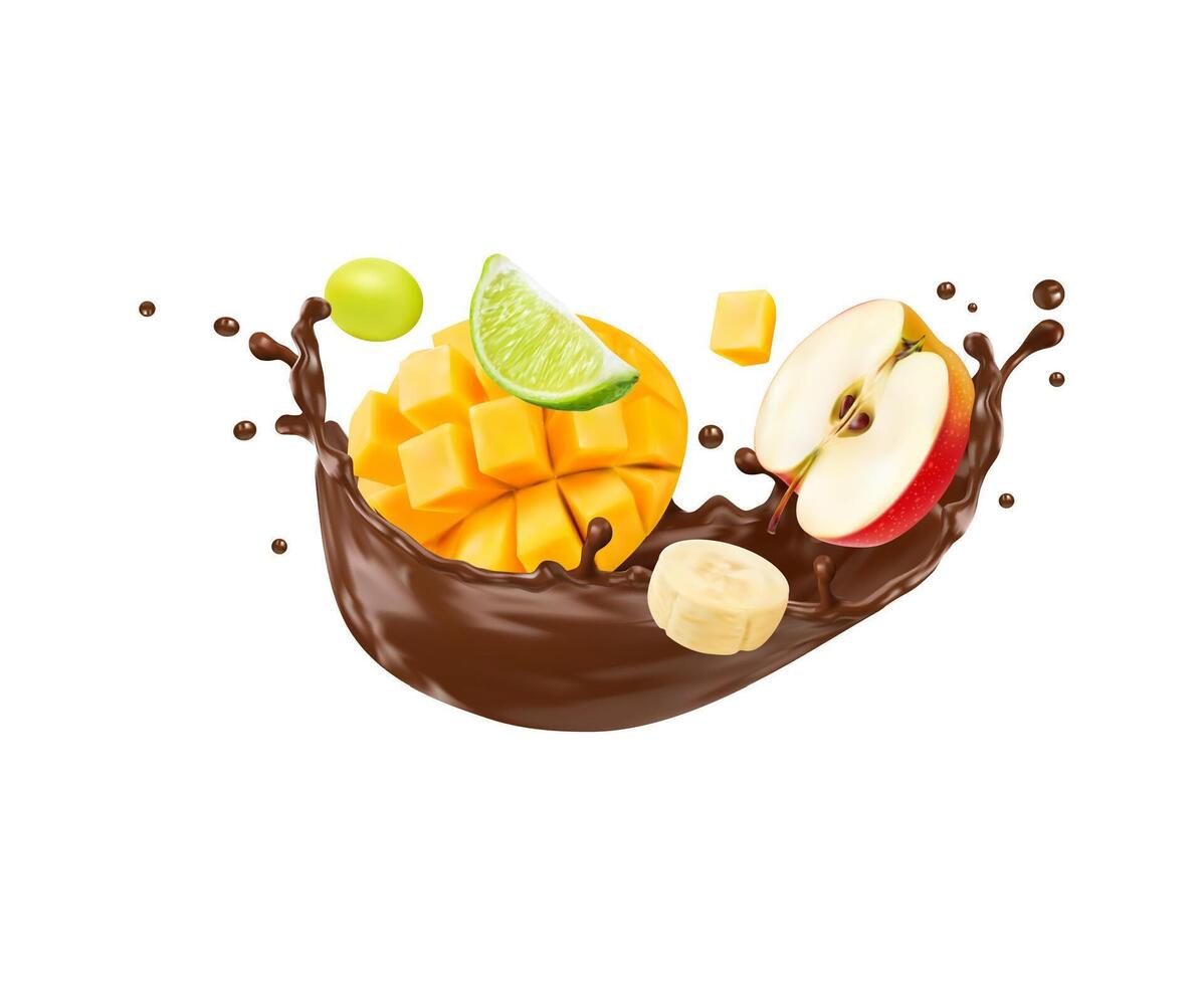 Chocolate yogurt, milk wave splash, tropical fruit vector