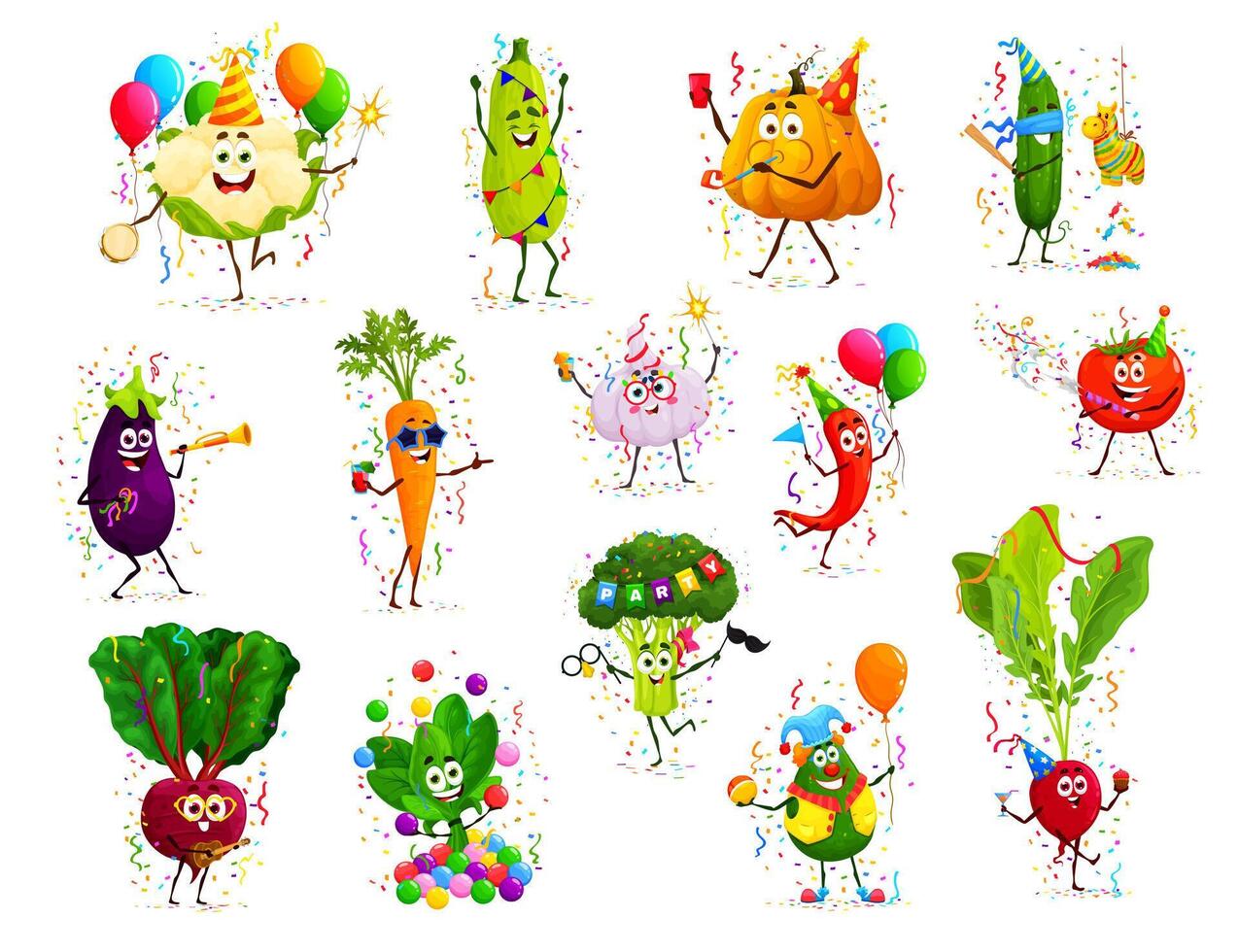 dibujos animados gracioso vegetal caracteres, cumpleaños fiesta vector