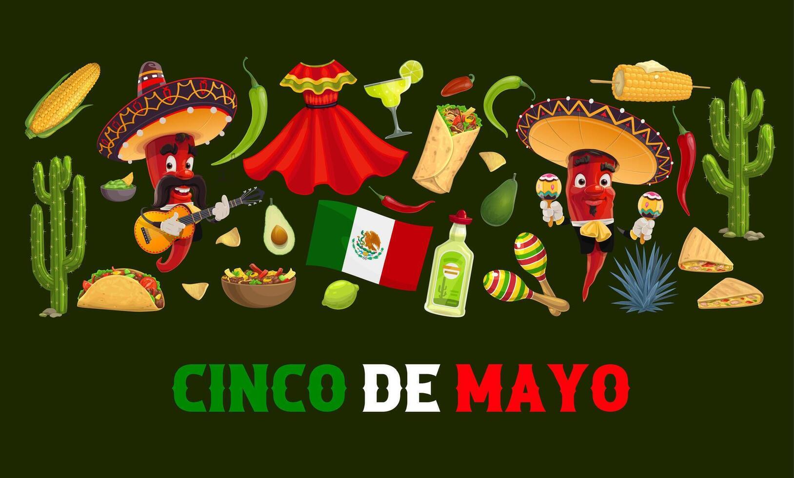 Mexican cuisine, drinks, characters cinco de mayo vector