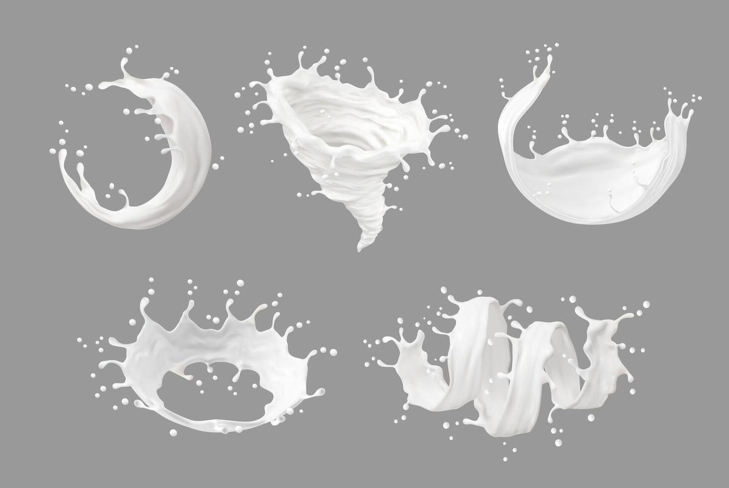 Liquid milk cream splash, yogurt white swirls vector