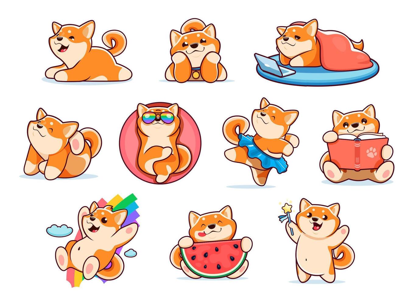 dibujos animados japonés contento shiba inu perro caracteres vector