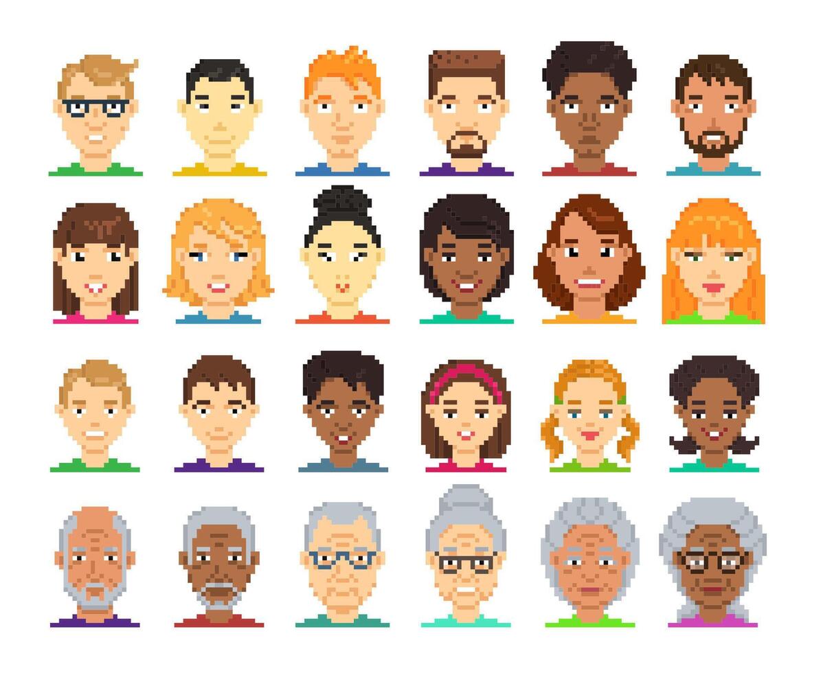 Avatar pixel characters, elderly seniors and kids vector