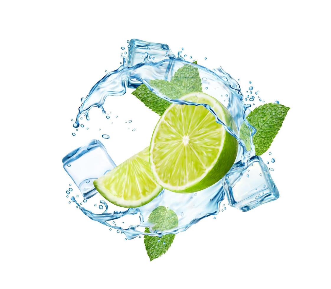 mojito beber. agua chapoteo con Lima, hielo cubitos vector