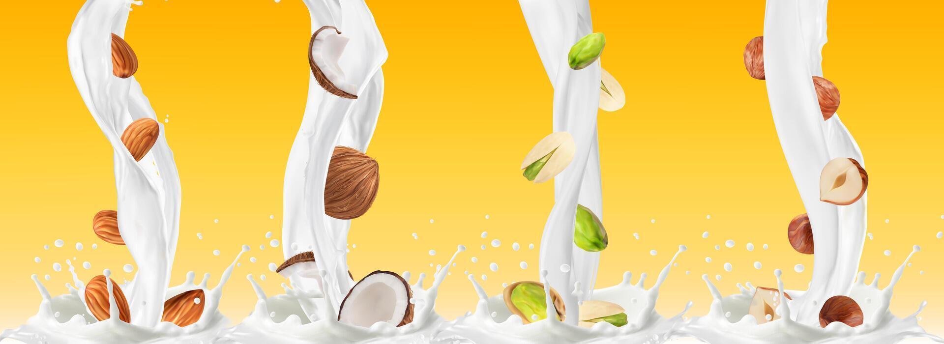Realistic nut milk flow and splashes, 3d vector