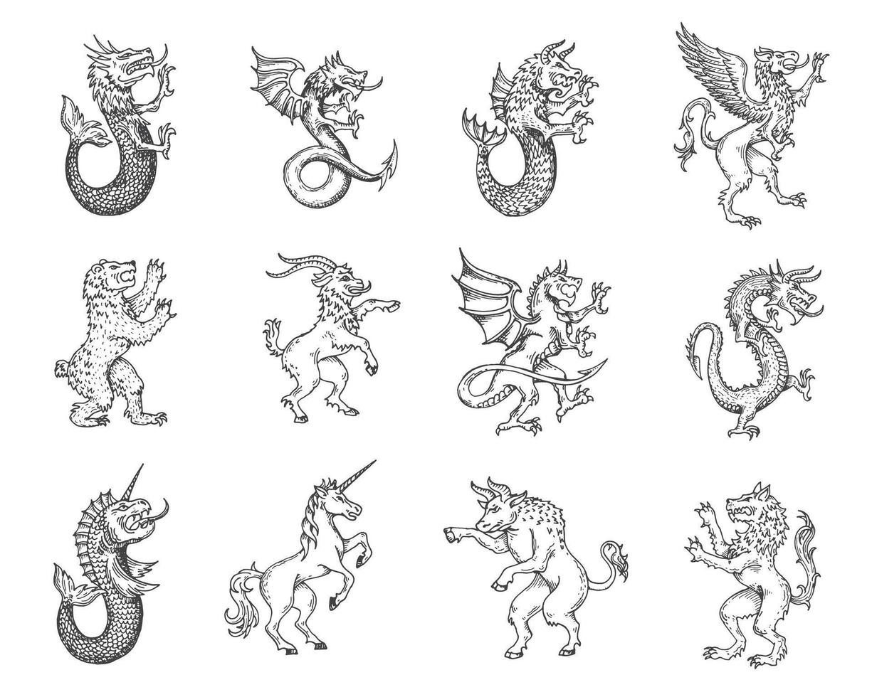 Medieval heraldic animals and monsters sketch vector