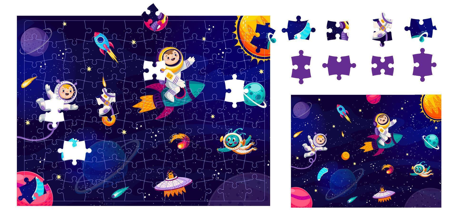 Jigsaw puzzle game pieces with cartoon astronaut vector