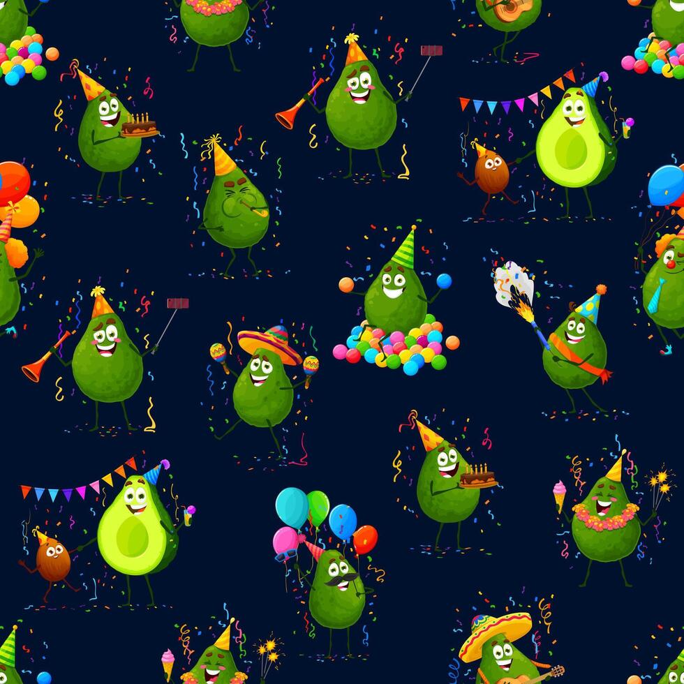 Cartoon avocado characters, holiday party pattern vector