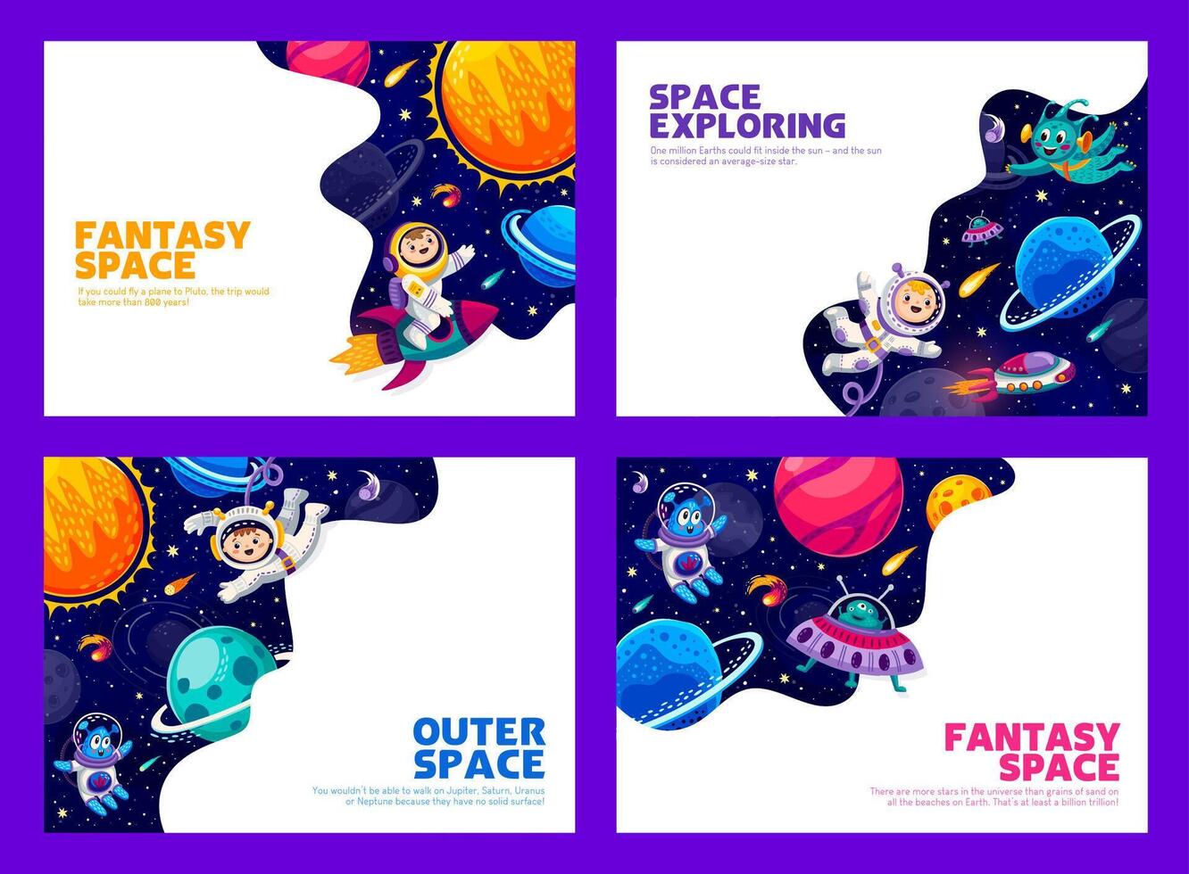 Cartoon space posters. Kids astronauts and aliens vector