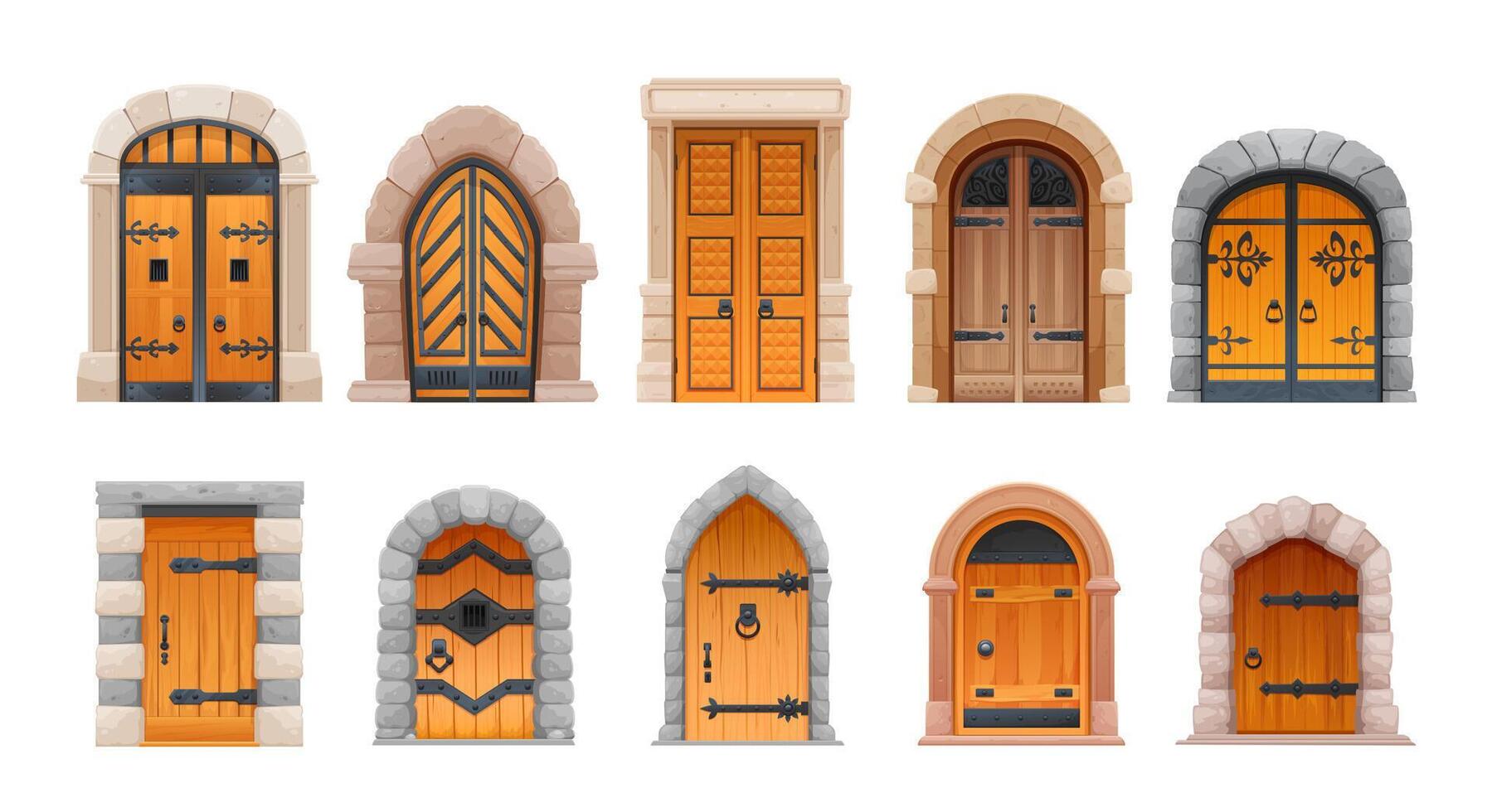 Medieval castle gates, wooden doors and arch vector