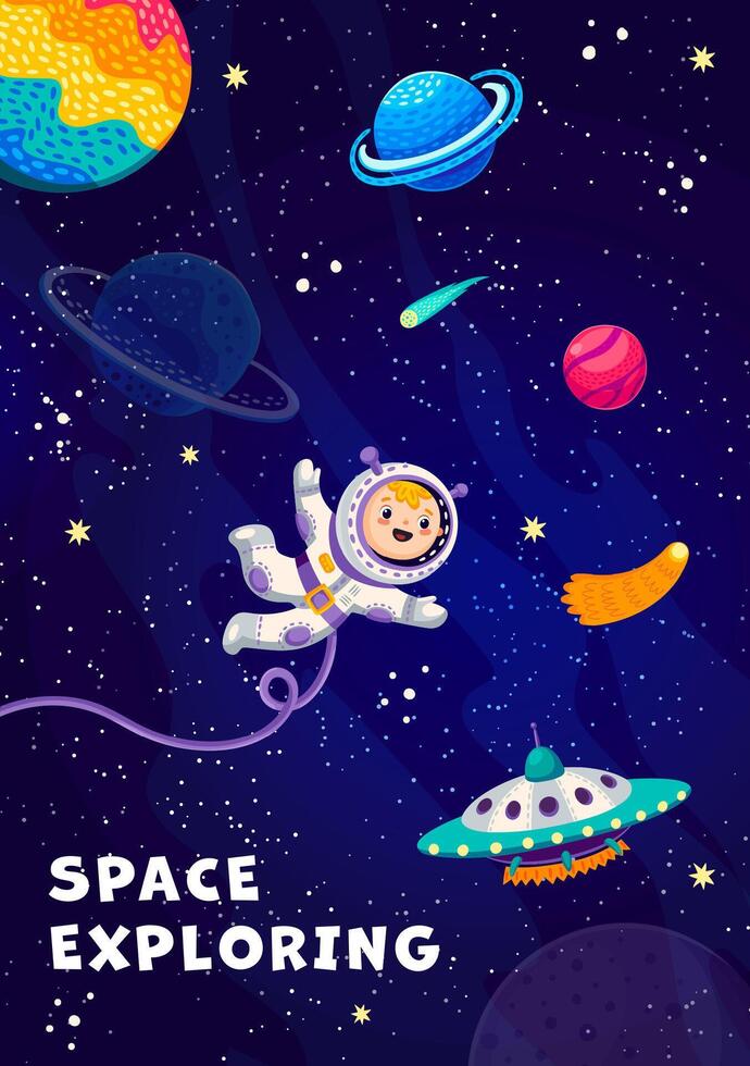 UFO and kid astronaut, outer space galaxy planets vector