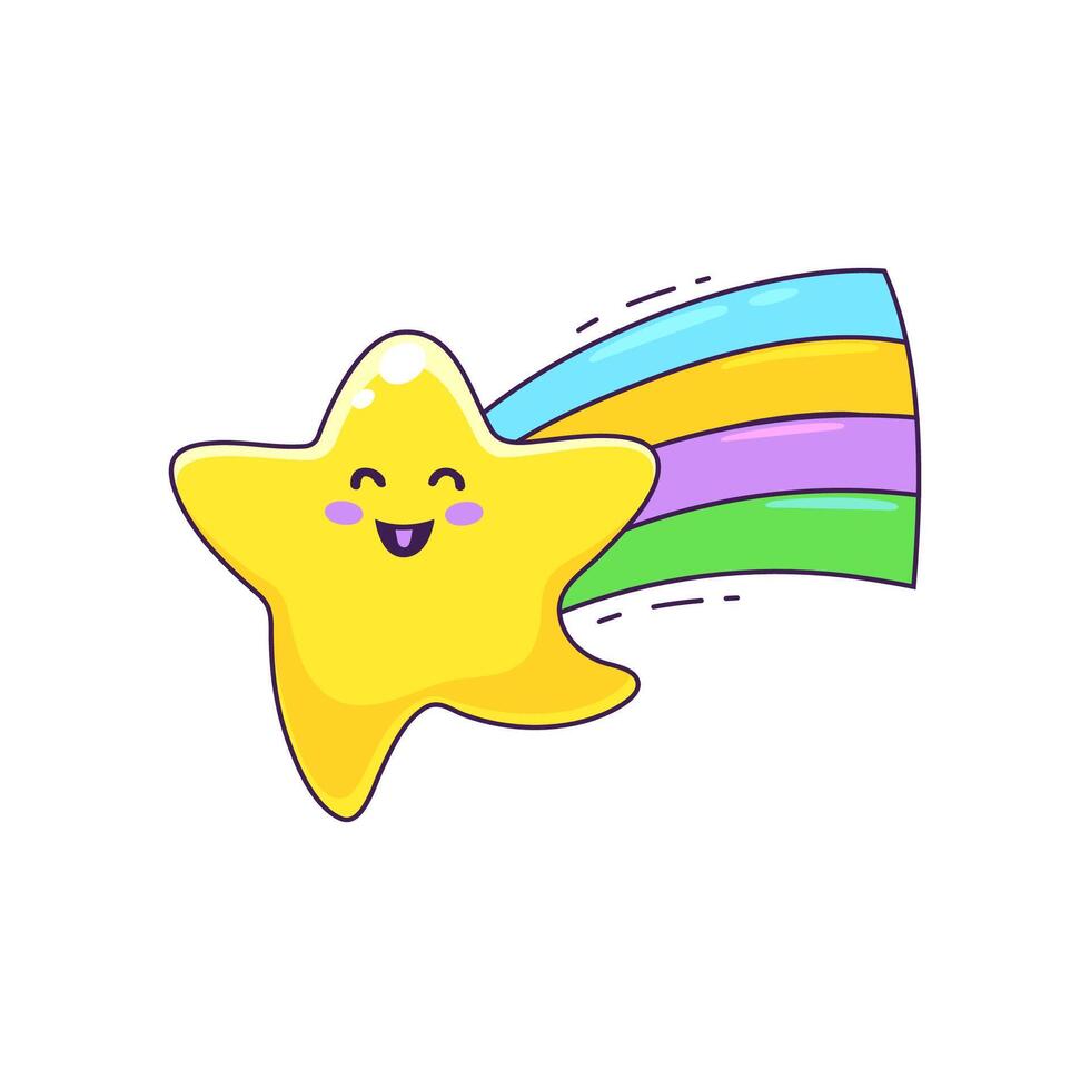 dibujos animados estrella kawaii personaje bailando en arco iris vector