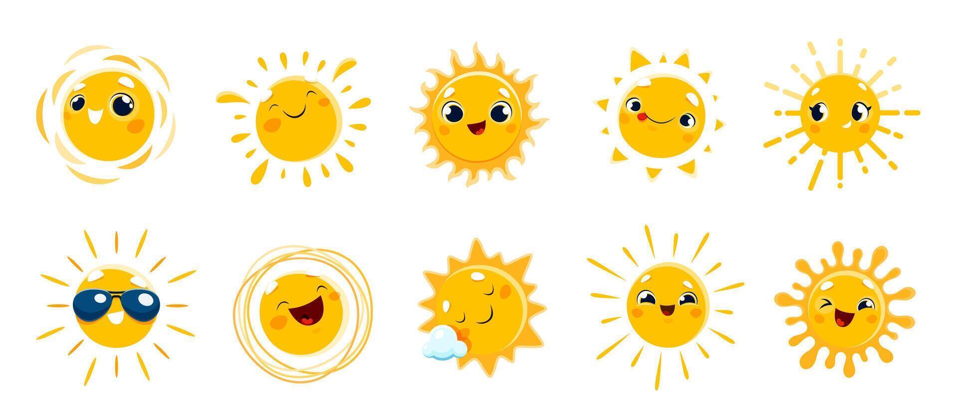 Cartoon funny sun characters isolated vector set