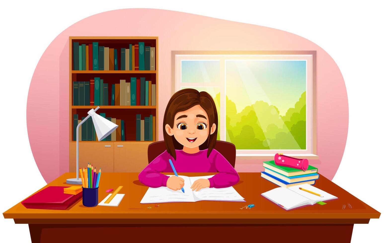 Cartoon girl makes a homework, pupil studying vector