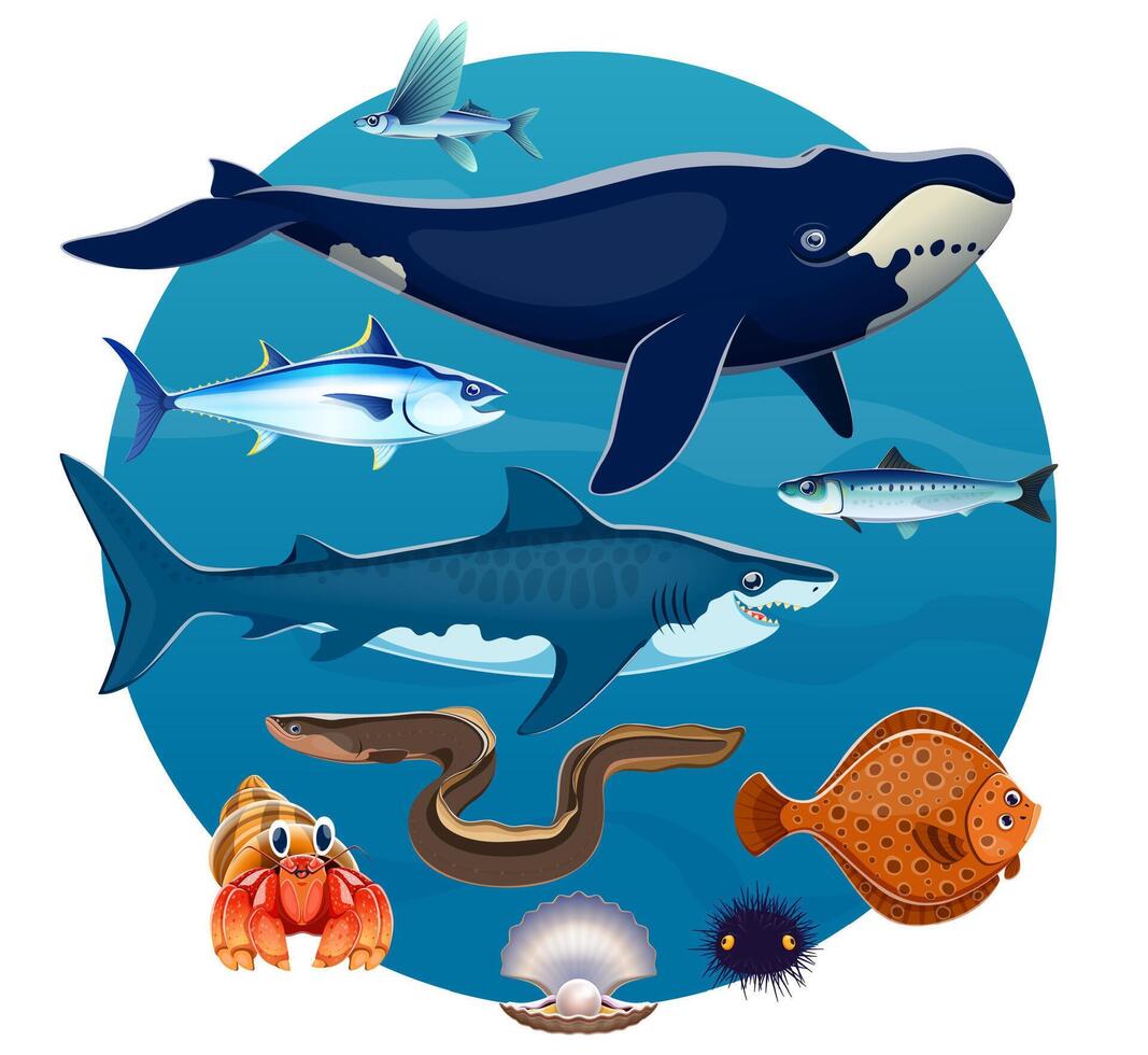Cartoon sea animals, fishes of underwater world vector
