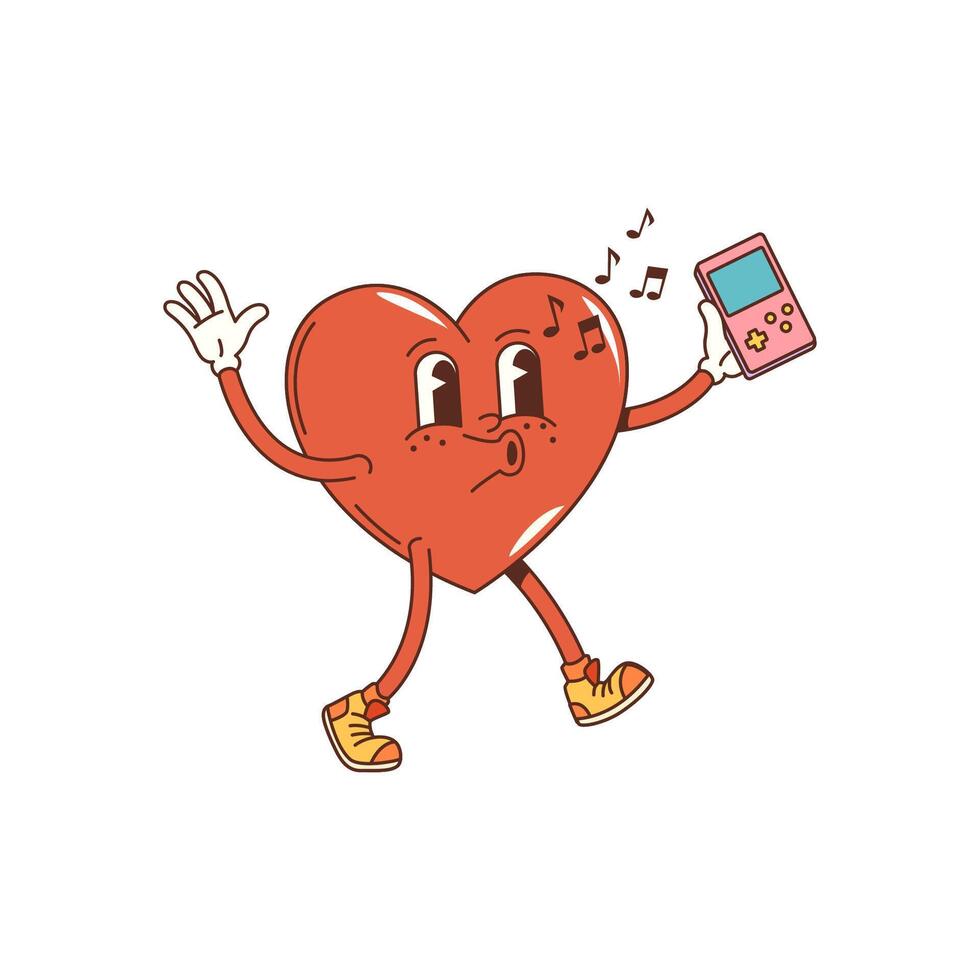 Cartoon groovy heart character, whistling melody vector