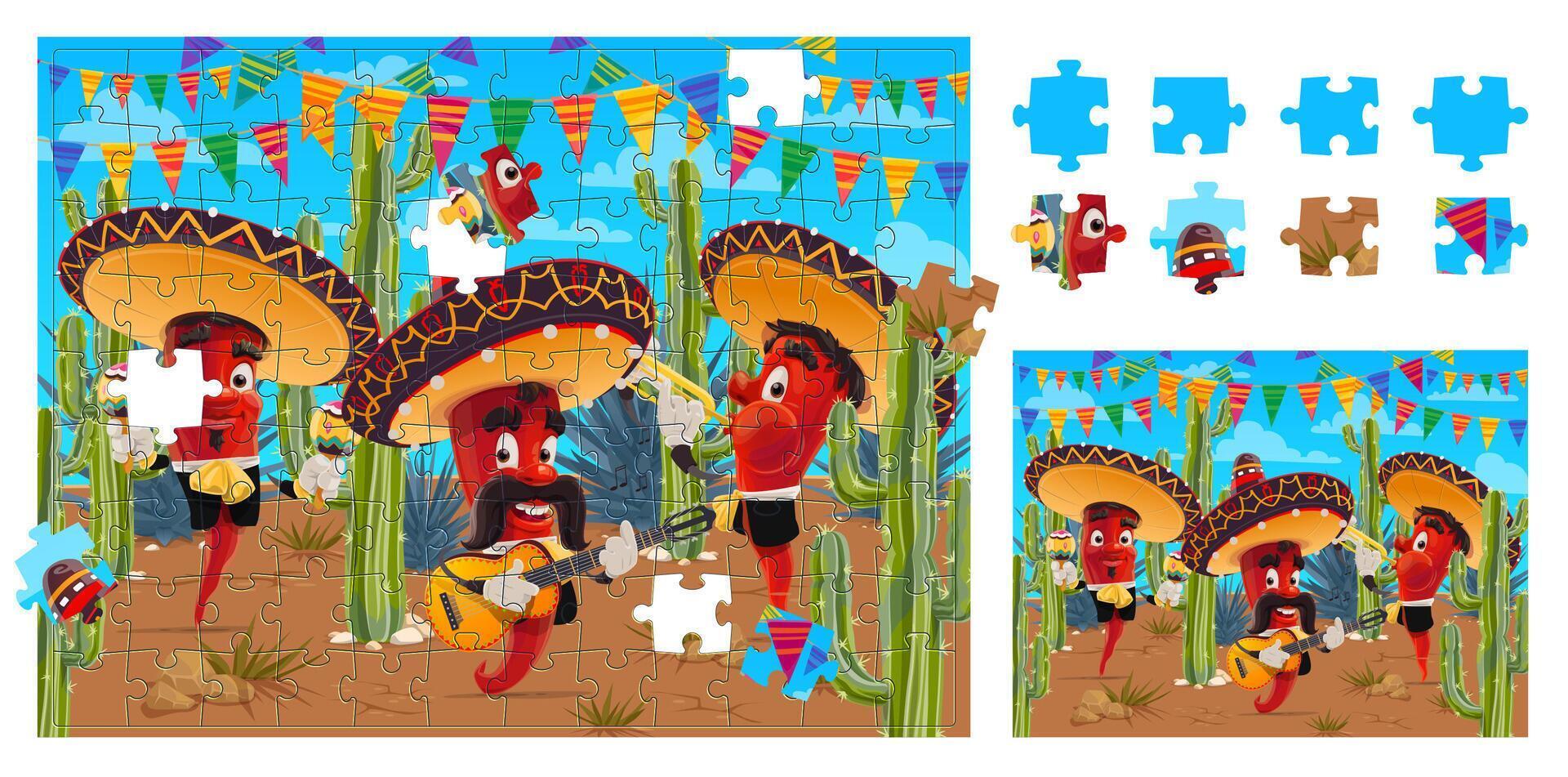 Jigsaw puzzle game with chili mariachi peppers vector