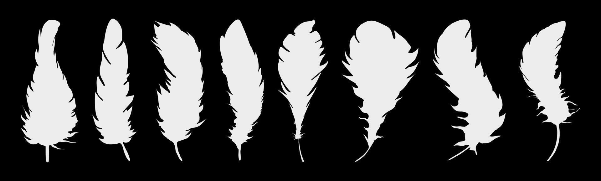 Set of realistic vector goose or swan feathers of various shapes. Ecological feather filler for pillows, blankets or jackets.Vector concept design,line art.