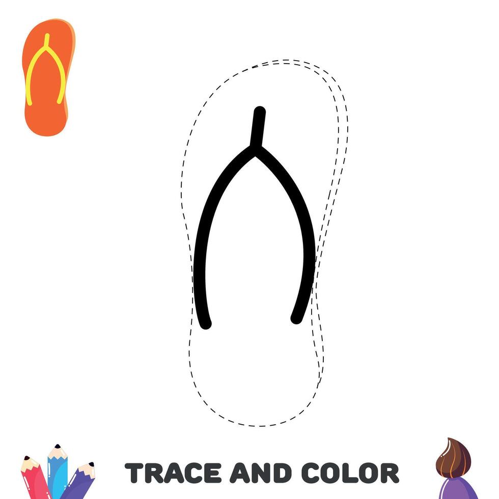 Handwriting practice. Trace and color page with flip flops. Educational sheet for kids vector