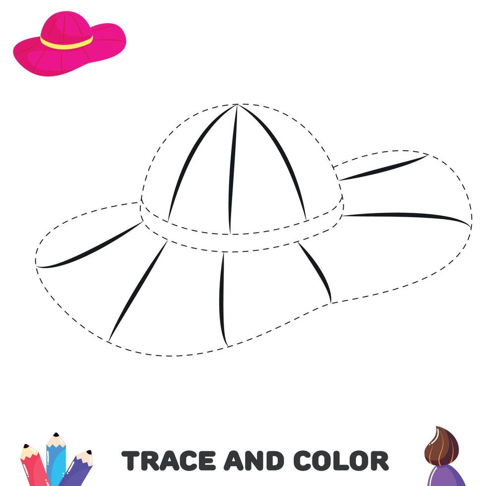 escritura práctica. rastro y color página con sombrero. educativo sábana para niños vector