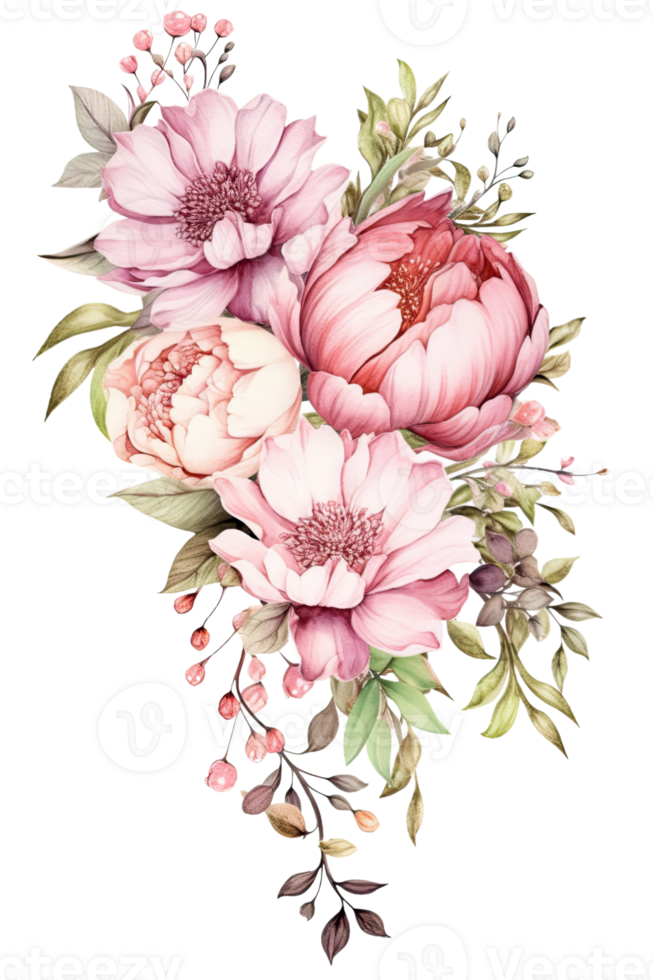 ai generato rosa viola peonie acquerello illustrazione bellissimo isolato fiori floreale decorazione clip arte isolato sfondo per nozze bambino doccia inviti saluto carta png