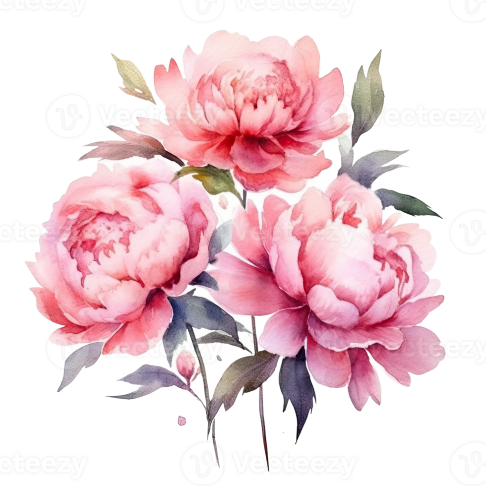 ai generato rosa viola peonie acquerello illustrazione bellissimo isolato fiori floreale decorazione clip arte isolato sfondo per nozze bambino doccia inviti saluto carta png