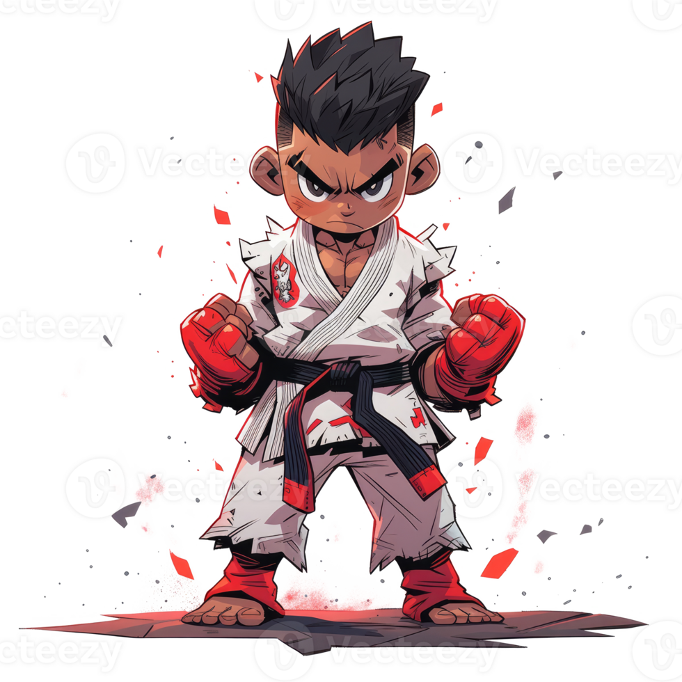 AI generated cartoon illustration of a karate boy, this asset is suitable for children's illustration books, t-shirt screen printing, fantasy themed designs, and visual storytelling. png