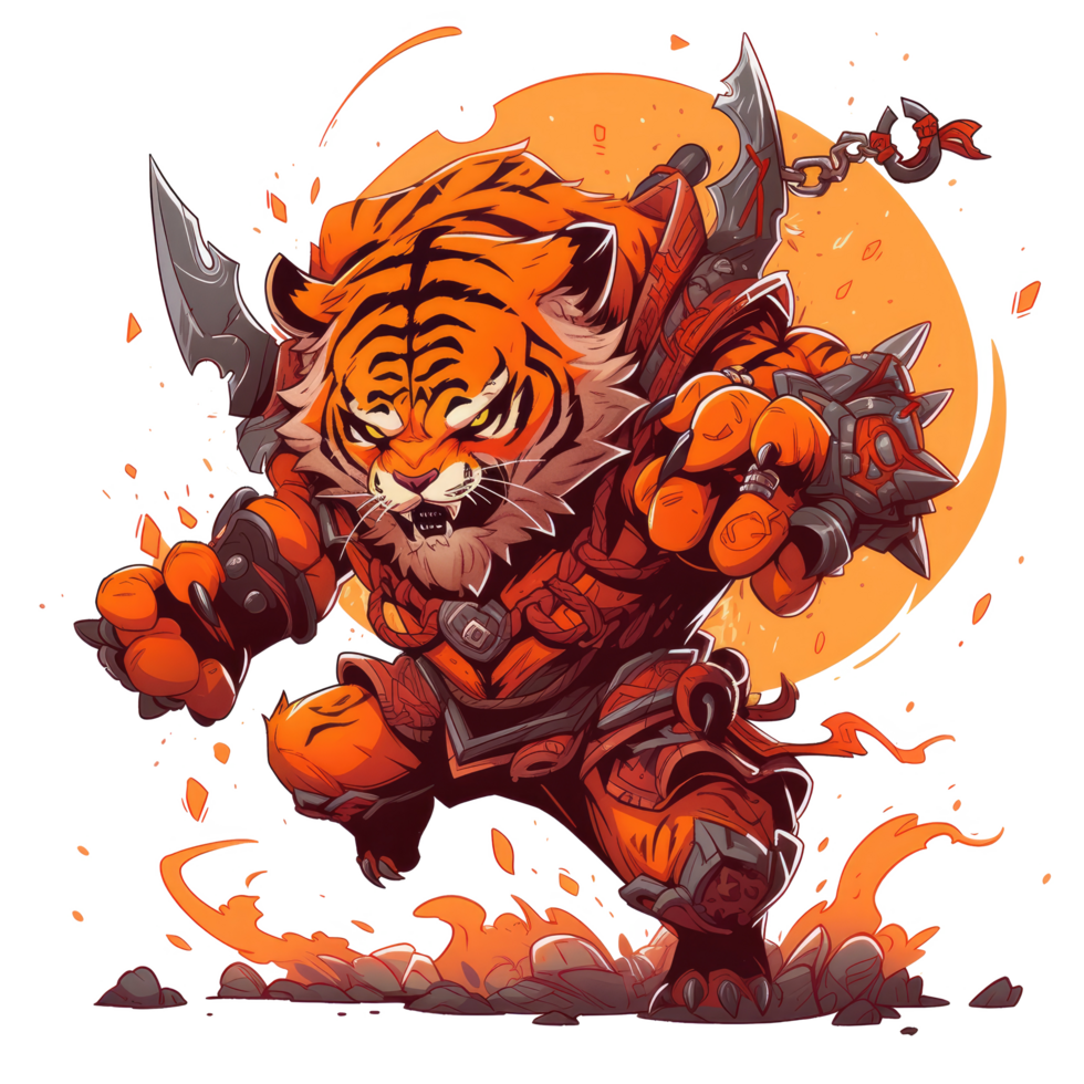 AI generated cartoon illustration of a tiger character with a sword png