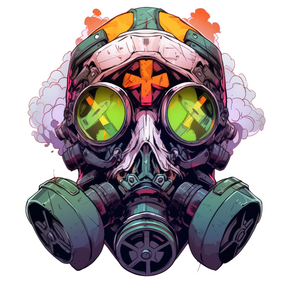 AI generated cartoon illustration of a hooded robot head and gas mask, this asset is suitable for t-shirt screen printing, fantasy themed designs, and visual storytelling. png