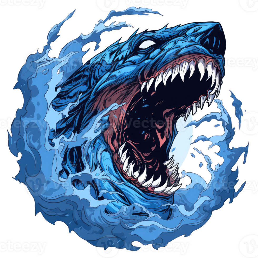 ai généré illustration de effrayant requin tête dessin animé personnage avec l'eau éclaboussure png