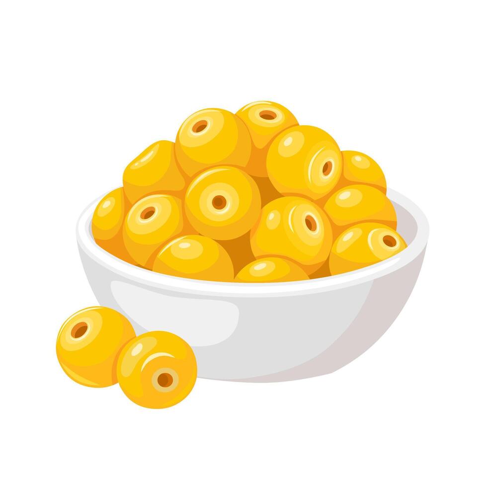 Vector illustration, Byrsonima crassifolia in a white bowl, Common names include nance, maricao cimun, craboo, and hogberry, isolated on white background.