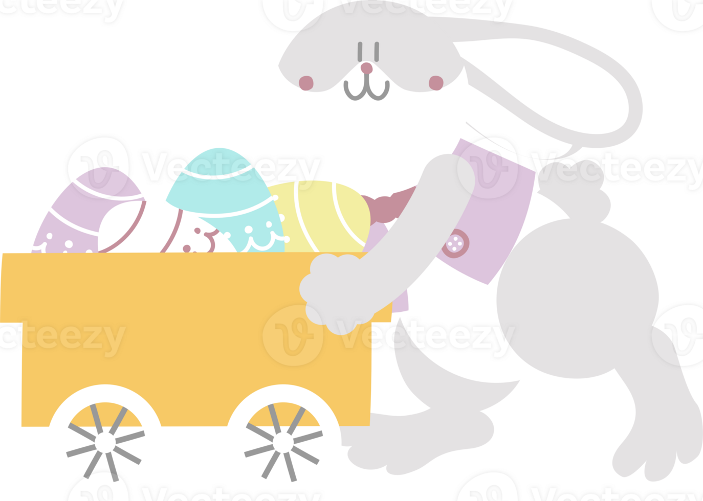 gelukkig Pasen met konijn konijn, kar en ei, vlak PNG transparant tekenfilm karakter ontwerp