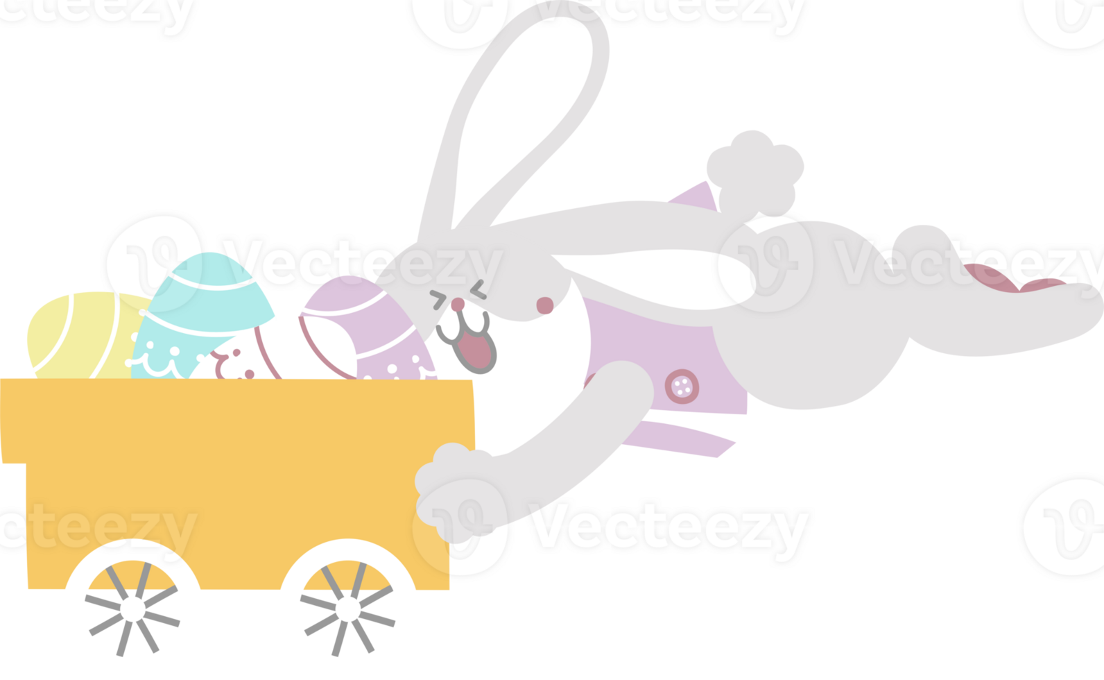 happy easter with bunny rabbit, cart and egg, flat png transparent cartoon character design