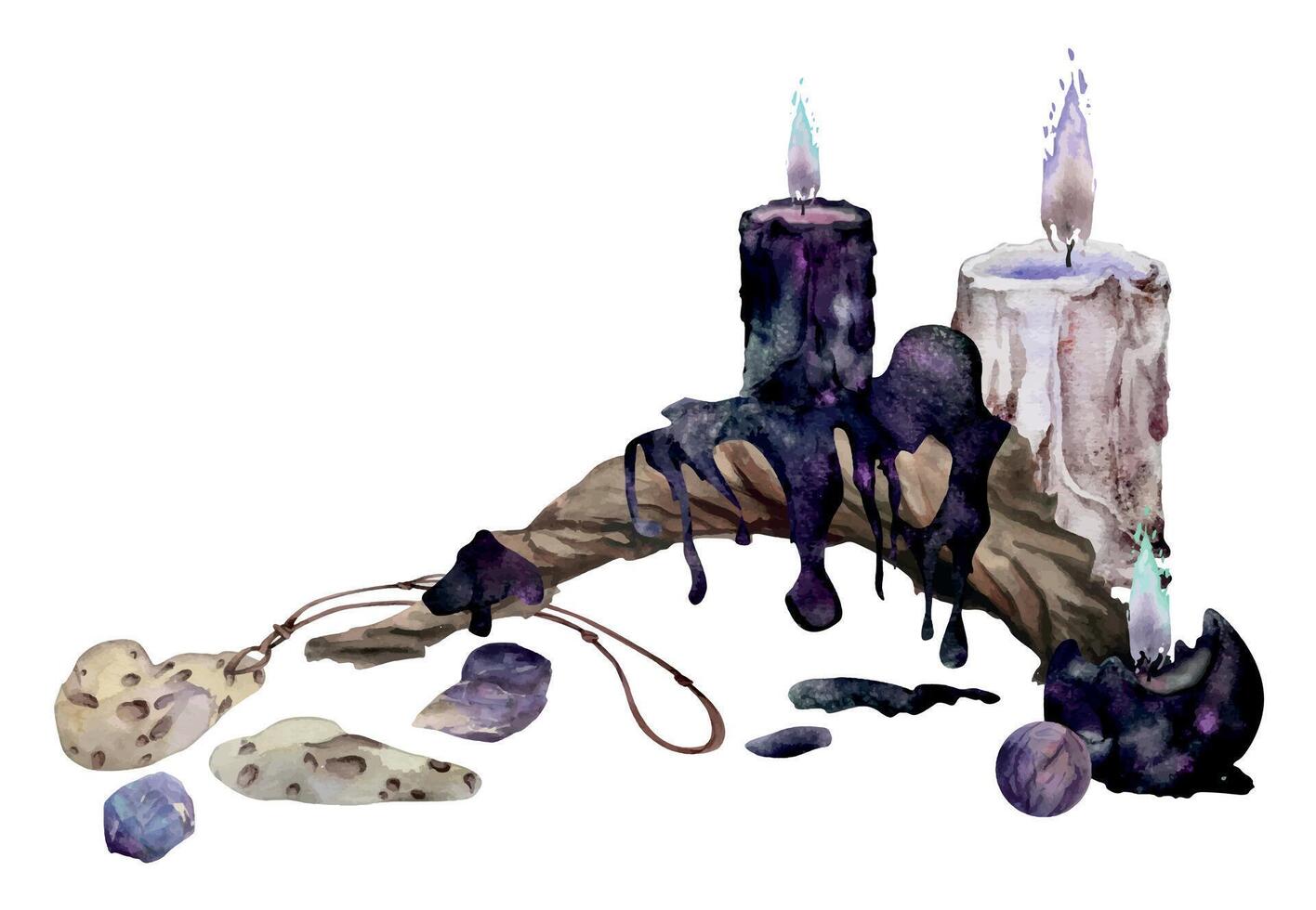 Hand drawn watercolor illustration sea witch altar objects. Burning pillar candles driftwood, gemstones crystals, adder stone amulet. Composition isolated white background. Design print, shop, magic vector