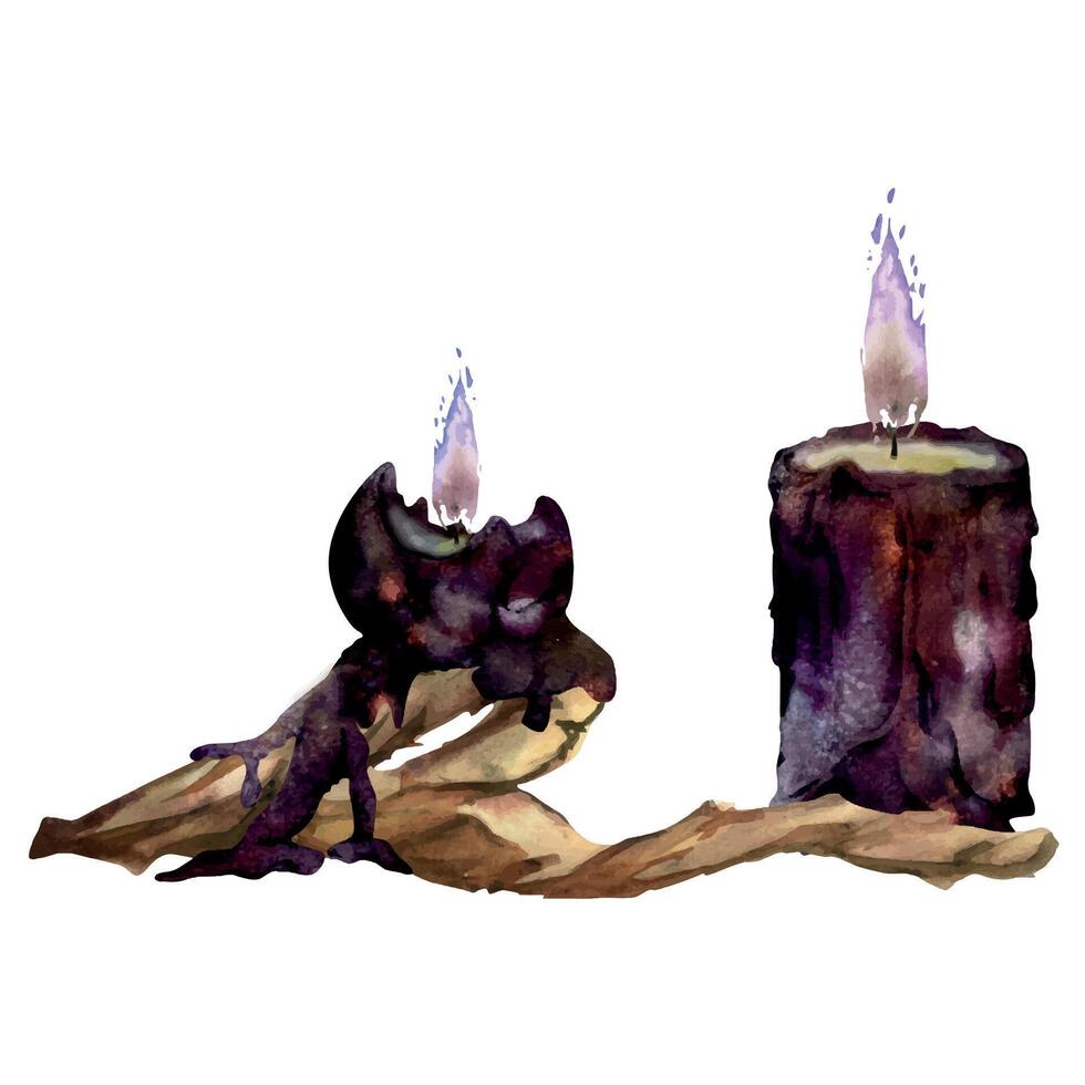 Hand drawn watercolor sea witch altar objects. Burning pillar and ball votive candles on bog driftwood, gothic purple. Composition isolated on white background. Design print, shop, magic, witchcraft vector