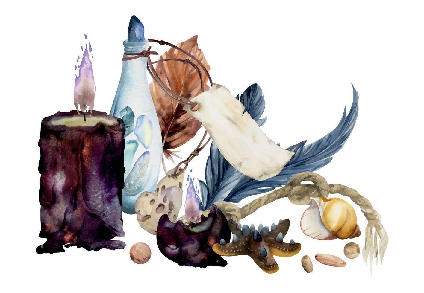 Hand drawn watercolor sea witch altar objects. Glass vial precious stones feathers knot rope burning candle shell starfish beads. Composition isolated on white background. Design for print, shop magic vector