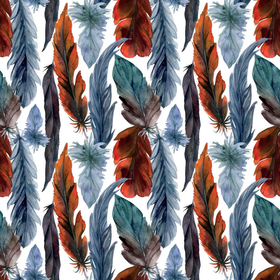 mano dibujado acuarela pájaro pluma penacho pluma boho tribal étnico indio. sin costura modelo aislado en blanco antecedentes. diseño para encanto, amuleto, atrapasueños, álbum de recortes, hecho a mano artesanía, tatuaje vector
