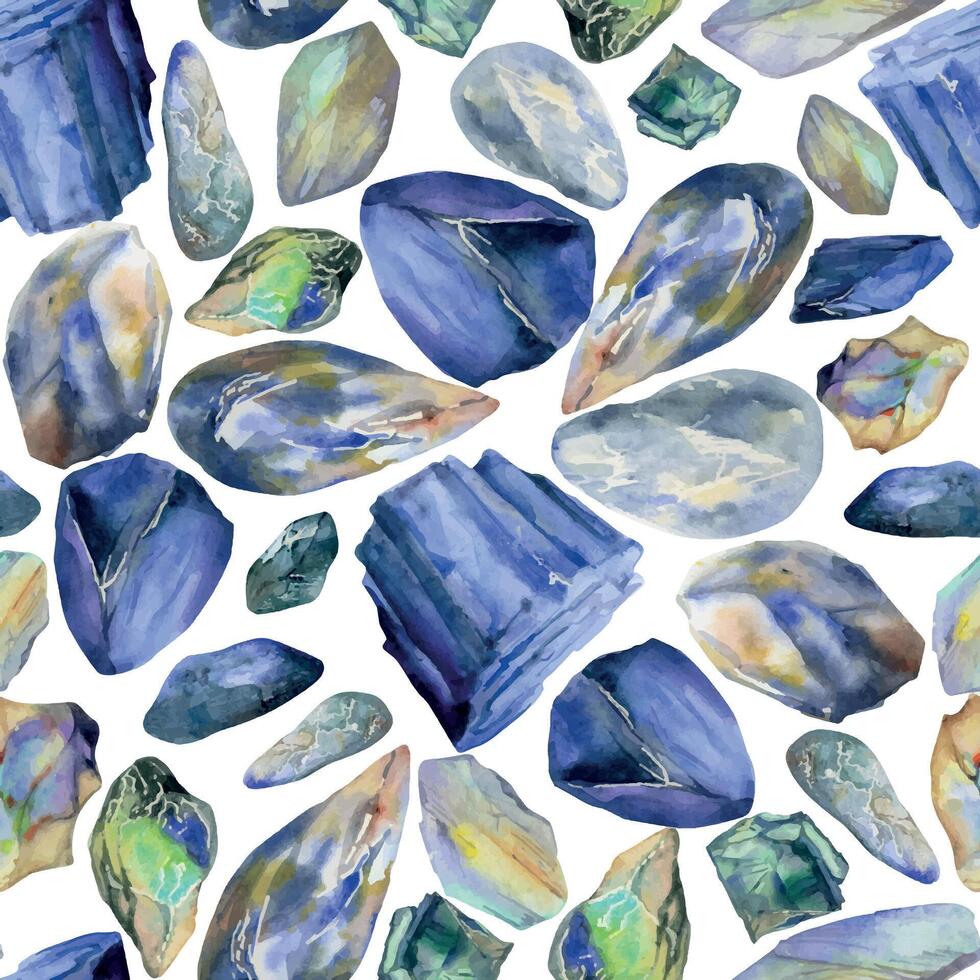 Hand drawn watercolor illustration precious jewel gem crystal chakra birth stone. Sapphire lapis larimar opal. Seamless pattern isolated on white background. Design print, shop, jewelry, fashion vector