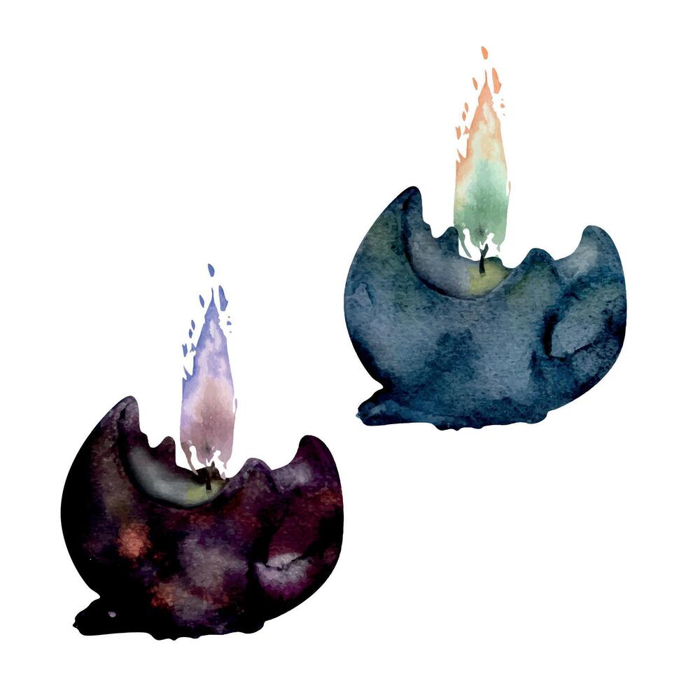 Hand drawn watercolor illustration sea witch altar objects. Burning ball wax votive candles with flame, blue purple. Single object isolated on white background. Design for print, shop, magic occult vector