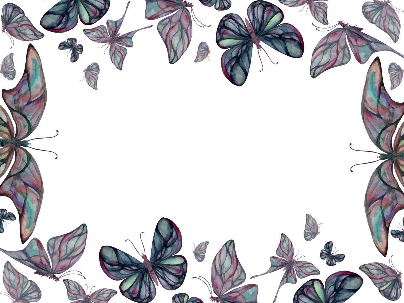 mano dibujado acuarela ilustración mariposa hada alas joya cristal insecto polilla. turmalina perla labradorita ópalo. horizontal marco aislado en blanco antecedentes. diseño impresión comercio, boda, cumpleaños vector