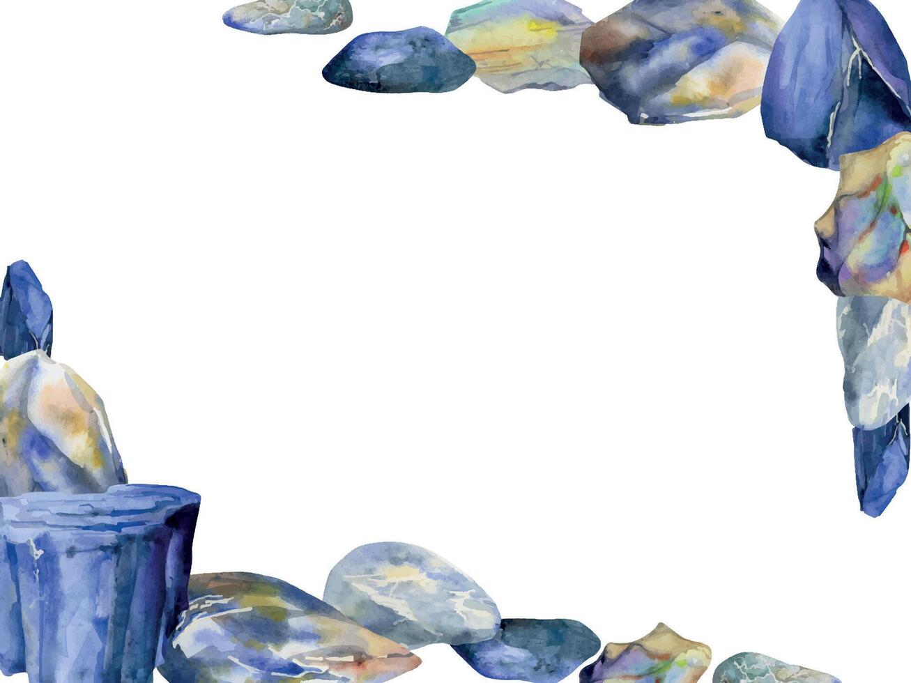 Hand drawn watercolor illustration precious semiprecious jewel gem crystal chakra birth stone. Sapphire lapis larimar. Horizontal frame isolated white background. Design print, shop, jewelry, fashion vector