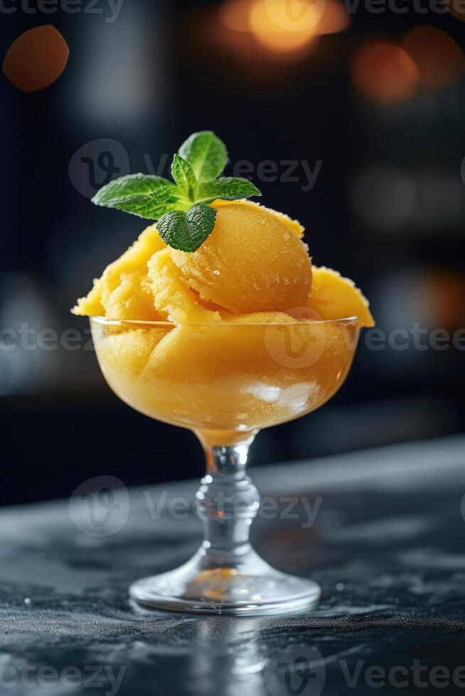 AI generated Mango sorbet in a glass on the table . Popsicle in a glass photo