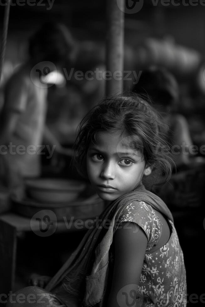 AI generated Portrait of an Asian girl at work. Child labor. Black and white photo