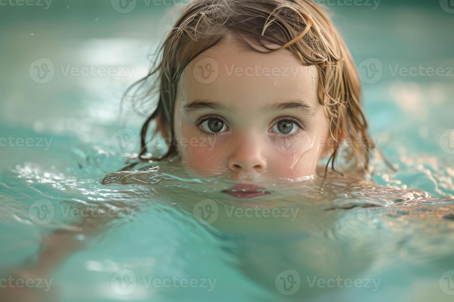 AI generated A pretty little girl is swimming in the pool photo